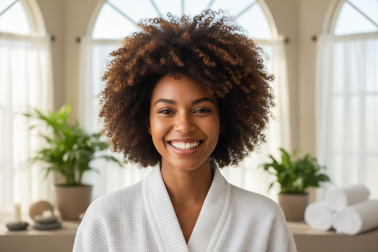mujer pelo afro feliz